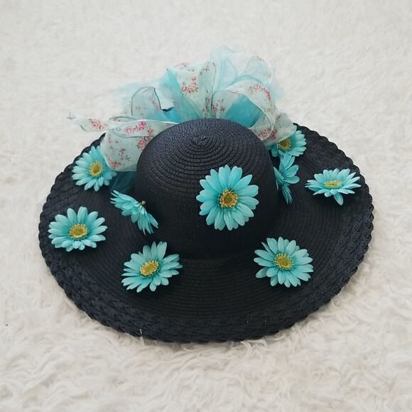 Vintage Straw Floral Derby Hat Sz OS - Picture 5 of 8